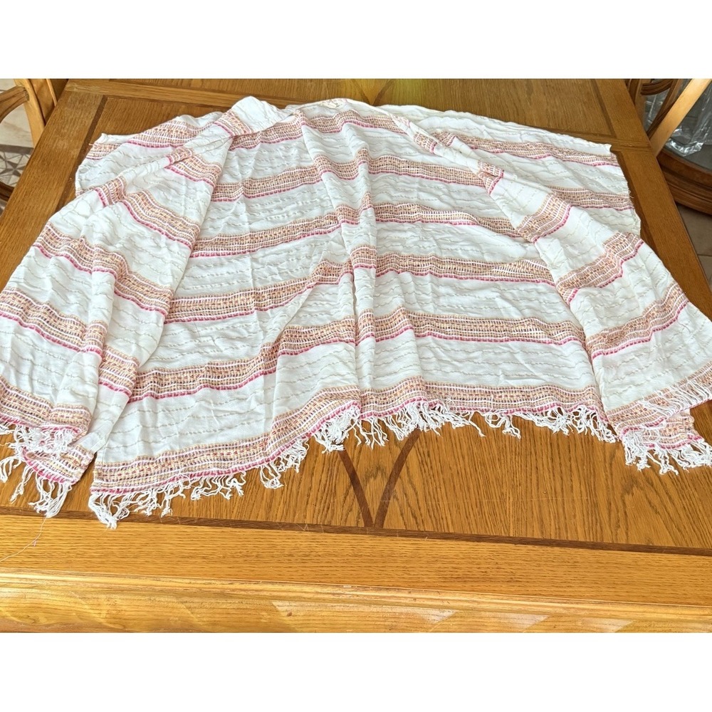 Rebellion White Boho Fringe Poncho Large Woven Stripes Rayon Open Front India - Picture 2 of 5